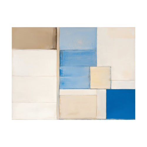 Blue Tiles Composition abstract painting featuring a composition of geometric tiles in shades of blue, white, and tan.
