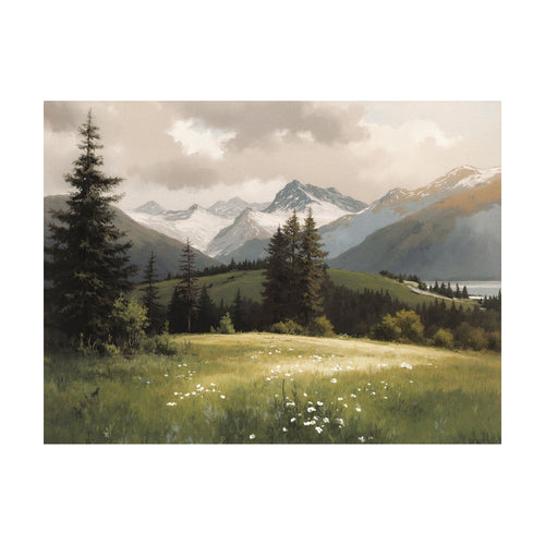 Alpine Meadow painting of an alpine meadow with scattered white flowers, framed by pine trees beneath a backdrop of snow-capped mountains and a cloudy sky.
