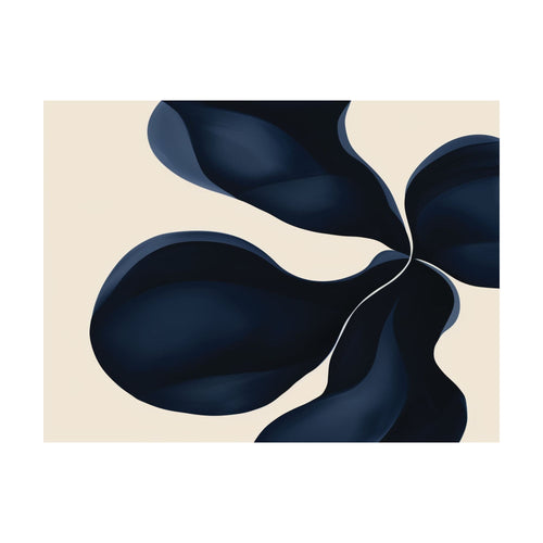 Blossom Blue abstract digital art featuring dark blue, flowing petal shapes against a pale cream background, designed as minimalist wall art.