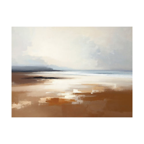 Amber Shore is an abstract painting of a hazy, tranquil shoreline, featuring wet sand in the foreground and a soft, overcast sky.