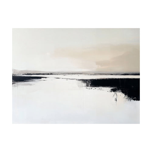 Binary Calm minimalist wall art featuring an abstract landscape with a dark horizon line, a pale sky, and textured black and white brushstrokes.
