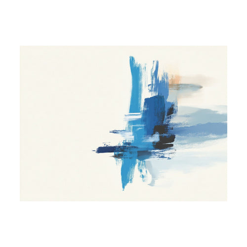 Azure Convergence contemporary abstract print featuring bold, textured brushstrokes of blue, black, and light gray on an off-white background.