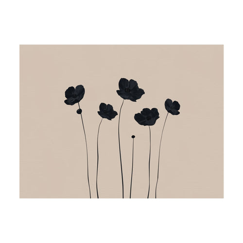 Botanic minimalist wall art featuring five black flowers with thin stems on a beige background.