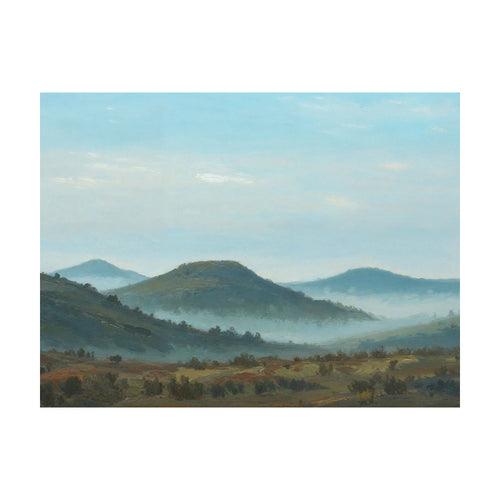 Blue Ridge View wall art featuring calming rolling hills shrouded in mist under a pale blue sky.