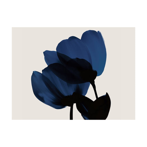 Bloom features two layered, deep blue tulips against a light background, in the style of contemporary floral wall art.