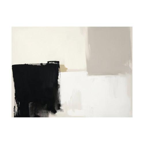 Bold Division abstract contemporary print featuring a large, textured black block on the left balanced by neutral-toned geometric shapes in white, grey, and tan.