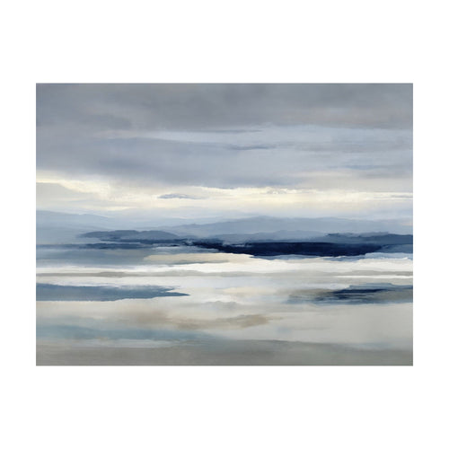 Blue Mist Horizon, an abstract watercolor painting of a foggy horizon with layers of blue and gray landscapes, serving as calming minimalist wall art.