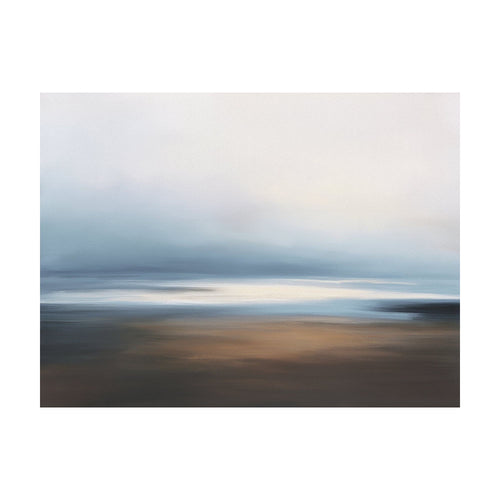 Blurred Seascape wall art featuring abstract horizontal bands of blue, white, and brown tones that evoke a dreamy coastal atmosphere.