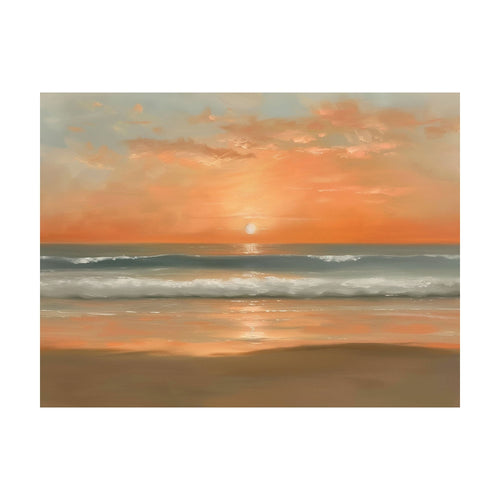 Amber Horizon oil painting of a sunset over the ocean with gentle waves washing onto a sandy beach, capturing the serene essence of coastal wall art.