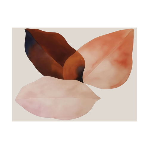 Autumn Petals abstract watercolor illustration of three layered, organic leaf shapes in shades of deep brown, orange, and pale pink, creating a minimalist vintage wall art aesthetic.