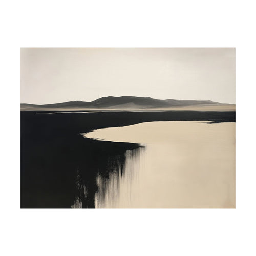 Black Shore abstract wall art depicting a stark, dark shoreline meeting a light-colored body of water under a distant mountain range.