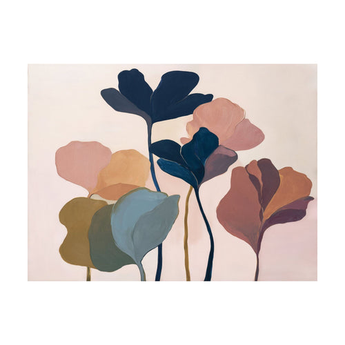 Autumn Garden abstract botanical print featuring stylized flowers with flat, overlapping petals in navy, muted pink, ochre, and blue on a pale background, ideal as contemporary wall art.