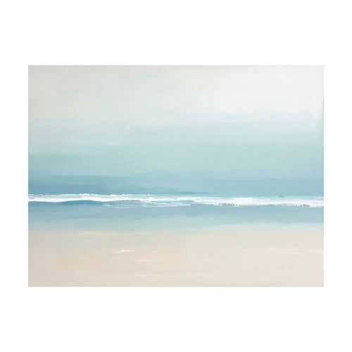 Airy Shore abstract painting of a hazy beach scene with soft blue ocean waves meeting a light sandy shore, evoking a serene seaside atmosphere.
