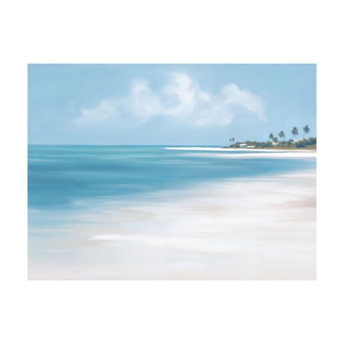 Azure Tranquility is an oil painting of calm, turquoise waters washing onto a sandy beach, featuring a line of palm trees and a small building in the distance under a cloudy sky.