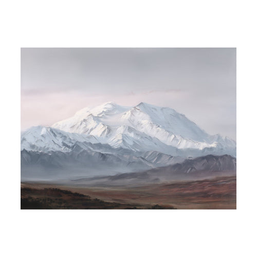 Oil painting of Alpine Majesty, featuring a large, snow-covered mountain range rising above a barren, shadowed valley.