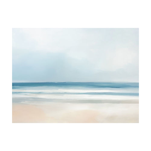 Blurred Beach Scene abstract painting featuring soft, blurred lines of sand, ocean waves, and a pale sky, creating a tranquil wall art aesthetic.
