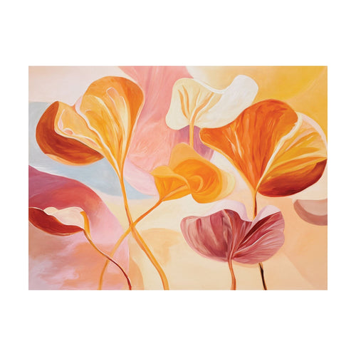 Autumn Reverie is an abstract autumn botanical artwork featuring large, stylized shapes in shades of orange, yellow, and red against a soft, blended background.