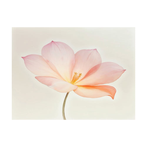 A minimalist artwork of a Blush Magnolia featuring a single pale pink flower with translucent petals and a yellow center on a thin stem.