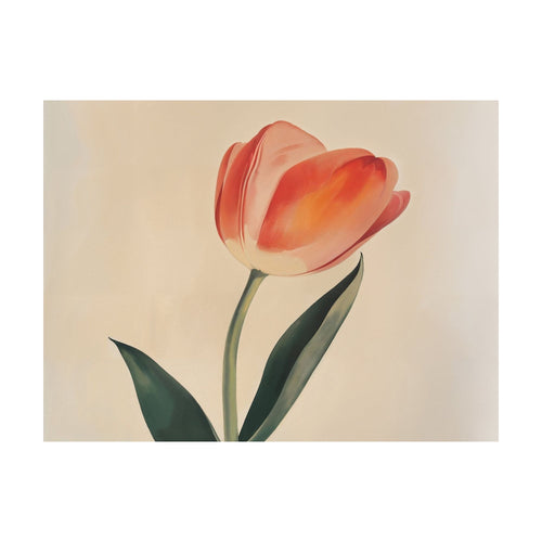 A minimalist Blush Tulip in shades of pink and orange with green leaves on a light background.