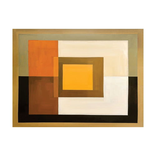 Amber Layers abstract wall art composed of layered geometric rectangles in shades of amber, yellow, cream, brown, and black.