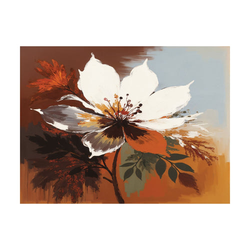Autumn Radiance is an abstract oil painting of a large white flower with brown and orange accents against a muted multi-colored background, creating a bold floral composition.