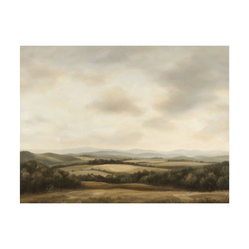 Beneath The Clouds is an oil painting of a rolling landscape under a vast, cloudy sky, perfect as minimalist wall art.