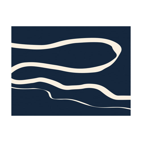 Blue Tranquility minimalist abstract art featuring fluid, beige ribbon-like lines sweeping across a dark navy blue background.