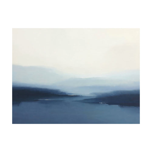 Blue Valley Mist abstract minimalist wall art featuring layered horizontal bands of blue transitioning into a light, hazy sky.