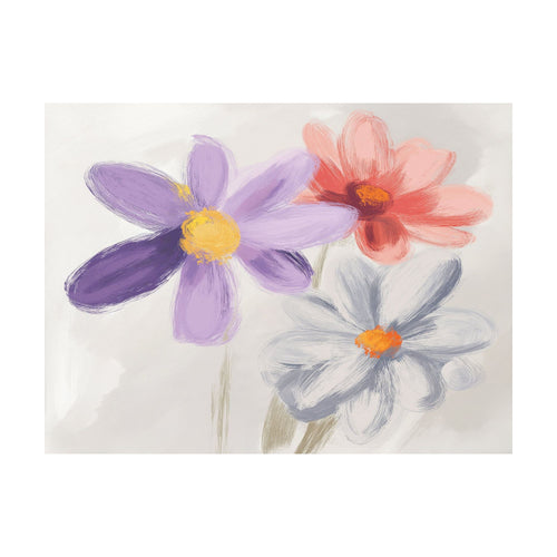 Blooming Harmony botanical wall art painting featuring three stylized flowers with purple, pink, and grey petals on a light background.