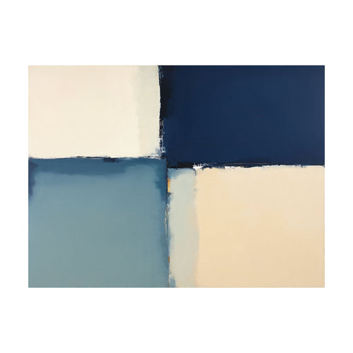 Blue Quarters abstract geometric wall art divided into four quadrants of dark blue, light blue, cream, and white with textured, painterly edges.