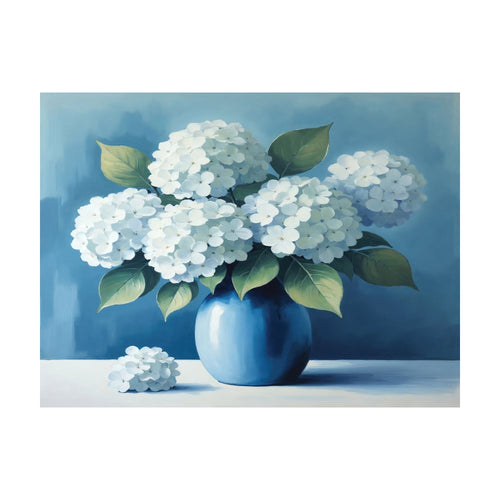 Azure Cluster is a painting of a bouquet of white hydrangea blossoms in a round blue vase, with one loose flower head resting on the surface as elegant floral wall art.