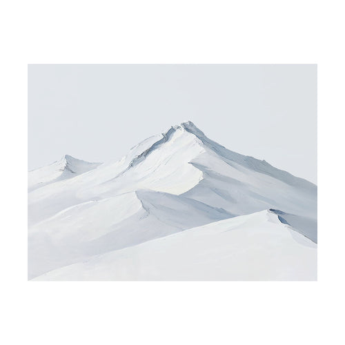 The Alpine Ascent oil painting depicts snow-covered mountain peaks against a pale sky, ideal for minimalist living room decor.