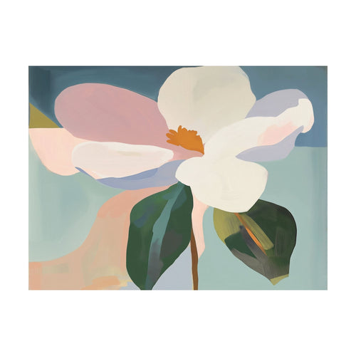 Bold Bloom abstract oil painting featuring a large white flower with a yellow center and green leaves against a blue background, perfect for floral wall art in a living room.
