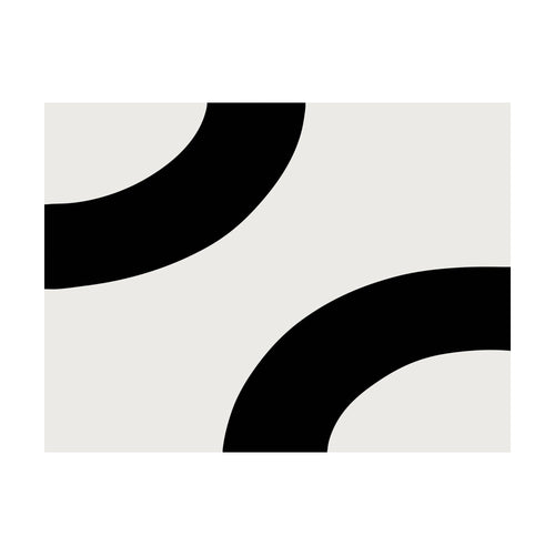 Bold Orbit minimalist wall art features two black curved shapes on a light gray background, positioned in the top left and bottom right corners.