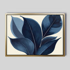 The Indigo Depths Canvas Art - Horizontal features overlapping navy leaves on a beige background, adding a serene, modern Nordic Park vibe to your space with its elegant botanical design.