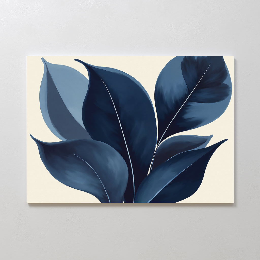 The Indigo Depths Canvas Art - Horizontal features large, dark blue and navy leaves with bold outlines on a light beige background, adding sophisticated Nordic Park vibes and minimalist elegance to any white wall.