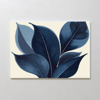 The Indigo Depths Canvas Art - Horizontal features large, dark blue and navy leaves with bold outlines on a light beige background, adding sophisticated Nordic Park vibes and minimalist elegance to any white wall.