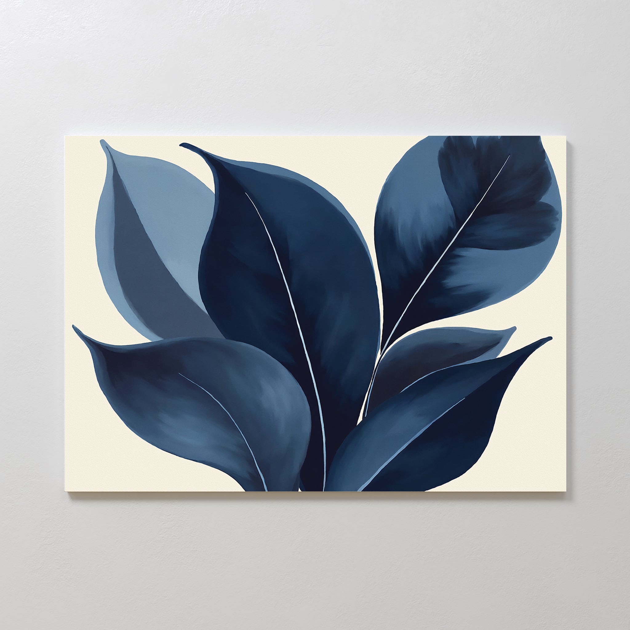 The Indigo Depths Canvas Art - Horizontal features large, dark blue and navy leaves with bold outlines on a light beige background, adding sophisticated Nordic Park vibes and minimalist elegance to any white wall.