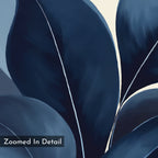 Close-up illustration of large, dark blue leaves with smooth textures and white veins on a light background. Indigo Depths Canvas Art - Horizontal is perfect as elegant wall décor. "Zoomed In Detail" text appears in the bottom left corner.