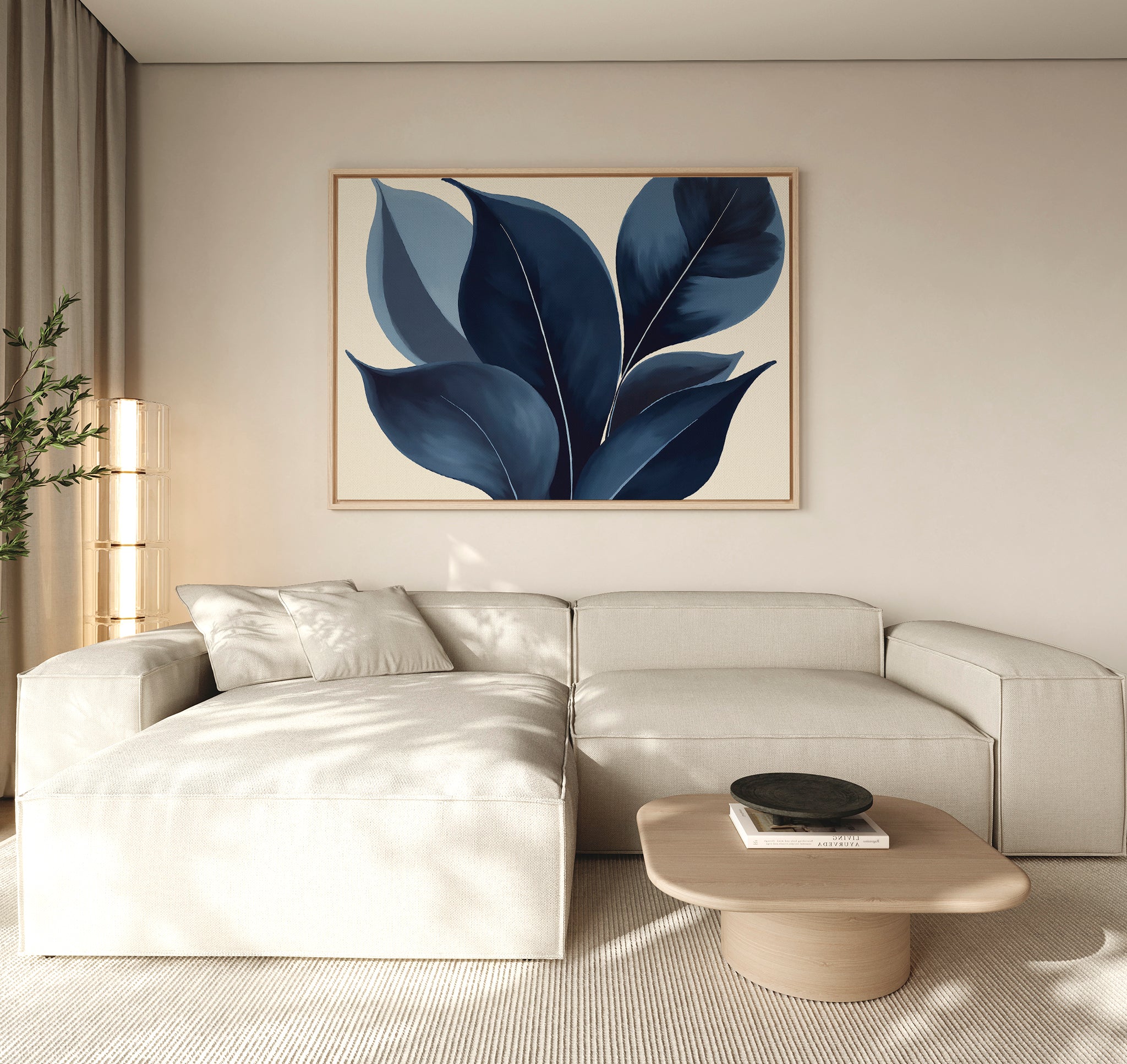 A modern living room features a light beige sectional sofa, low wooden coffee table, potted plant, and the Indigo Depths Canvas Art - Horizontal as elegant wall art on a neutral wall.