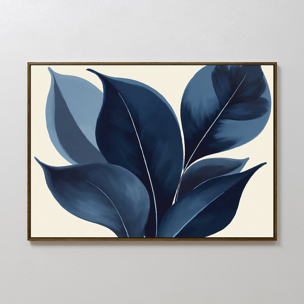 The Indigo Depths Canvas Art - Horizontal features large, abstract blue leaves in varying shades, adding elegant Nordic Park style to your space when displayed on a plain white wall.