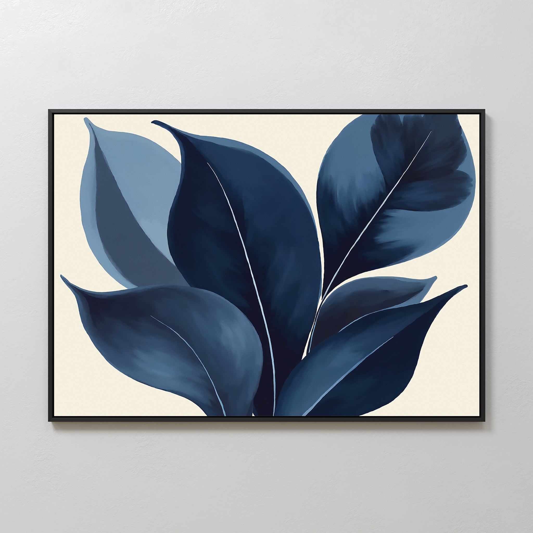 The Indigo Depths Canvas Art - Horizontal features large, overlapping navy leaves on a light beige background, adding elegant botanical style to any Nordic Park-inspired white wall.
