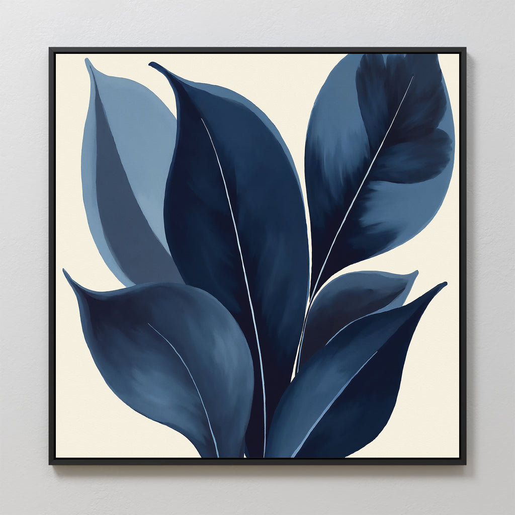 The Indigo Depths Canvas Art - Square features large, overlapping deep blue and gray leaves on a light beige background. Its modern, minimalist style is perfect for adding sophistication to any room.