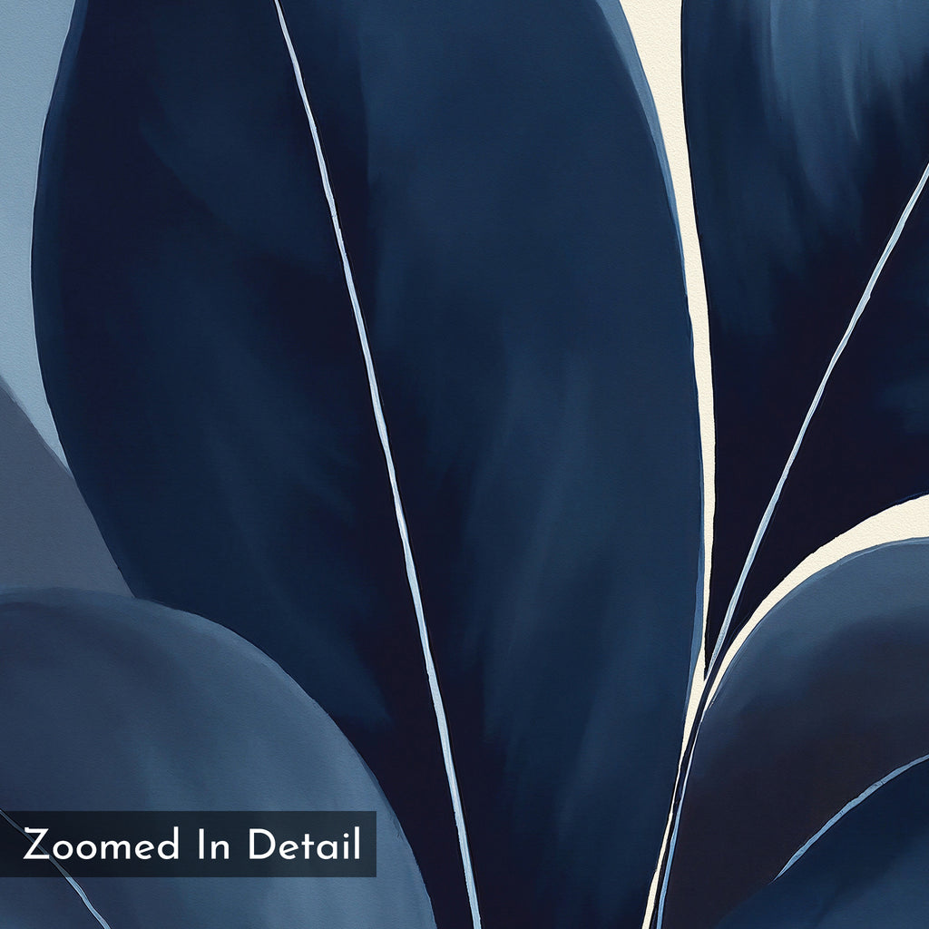 A close-up of abstract, dark blue leaves with white veins on a light background. Indigo Depths Canvas Art - Square adds elegance to modern interiors. "Zoomed In Detail" appears in the bottom left corner.