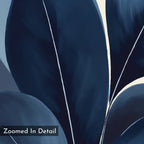 A close-up of abstract, dark blue leaves with white veins on a light background. Indigo Depths Canvas Art - Square adds elegance to modern interiors. "Zoomed In Detail" appears in the bottom left corner.