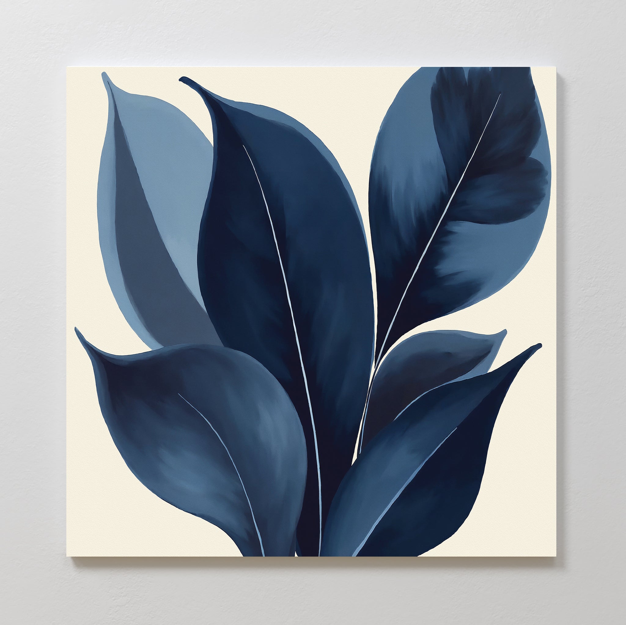 The Indigo Depths Canvas Art - Square features a minimalist design with large, dark blue leaves and subtle gradients on a light beige background—ideal as elegant wall art for any modern space.