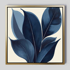 The Indigo Depths Canvas Art - Square showcases large, stylized blue and navy leaves with white veins on a light backdrop, offering an elegant, modern, and minimalist Nordic Park botanical accent for your wall.