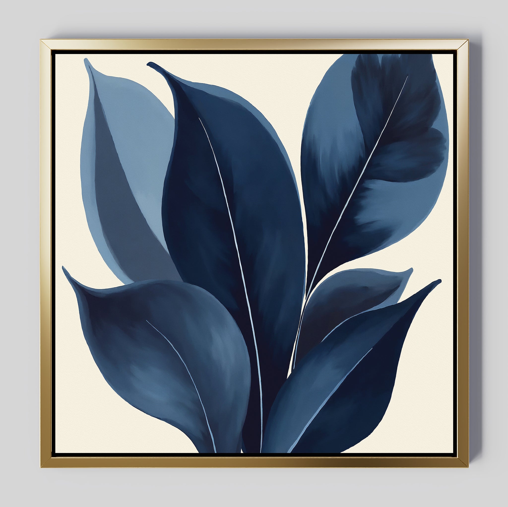 The Indigo Depths Canvas Art - Square showcases large, stylized blue and navy leaves with white veins on a light backdrop, offering an elegant, modern, and minimalist Nordic Park botanical accent for your wall.
