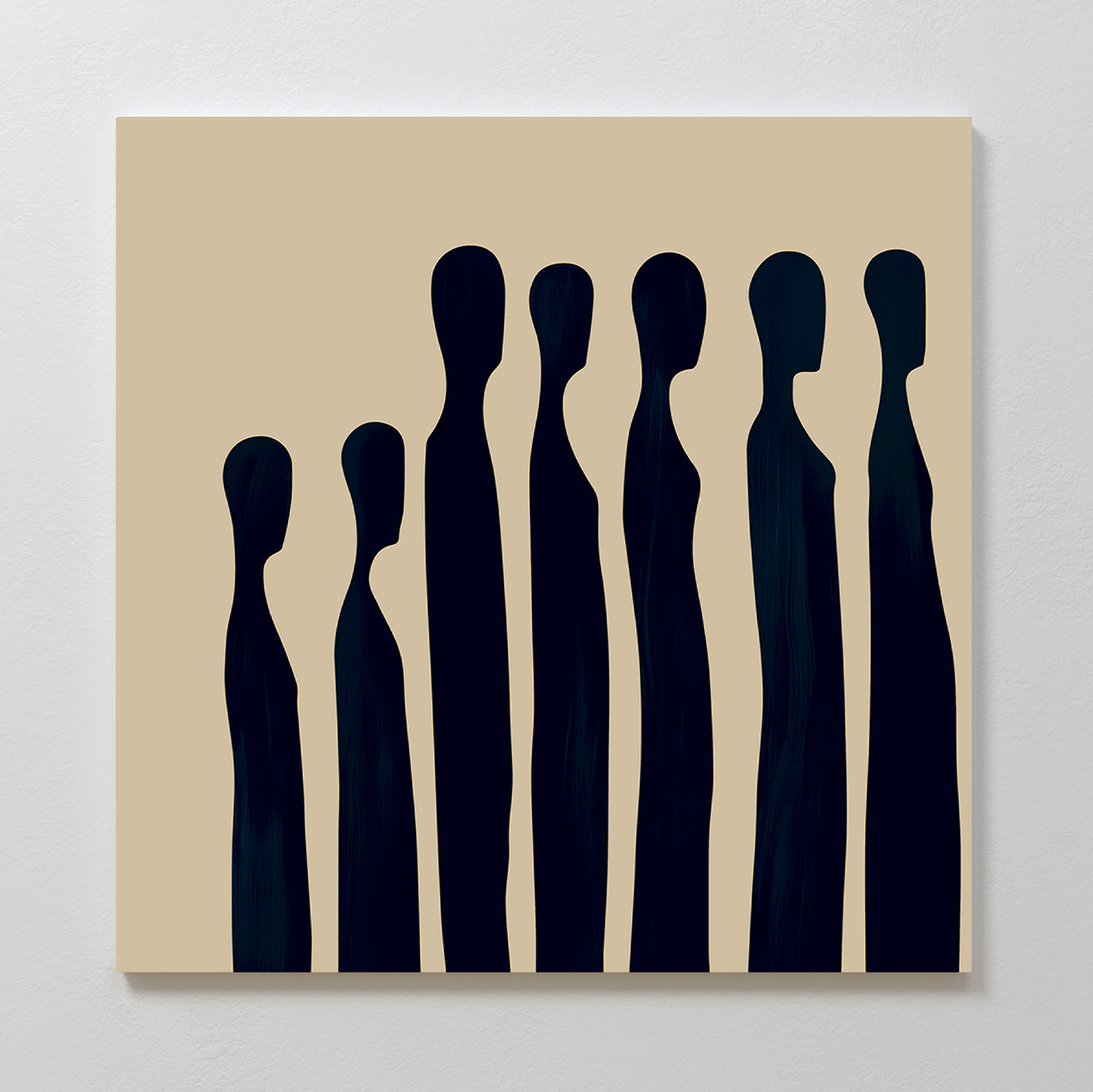Indigo Profile Abstract Canvas Art features six black, elongated faceless silhouettes on a beige background, arranged in varying heights—ideal minimalist wall art to elevate your living room decor.