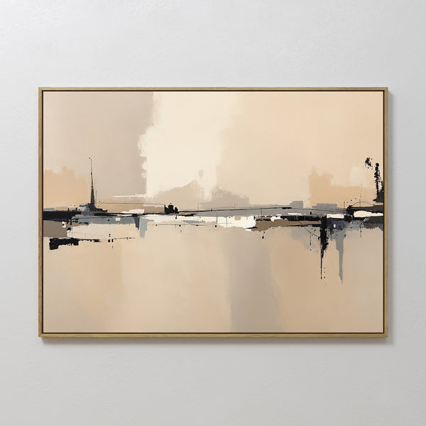 The Industrial Cityscape Canvas Art - Horizontal features abstract minimalist design in beige, cream, and black with blurred shapes, framed in gold and displayed on a light wall for a modern look.